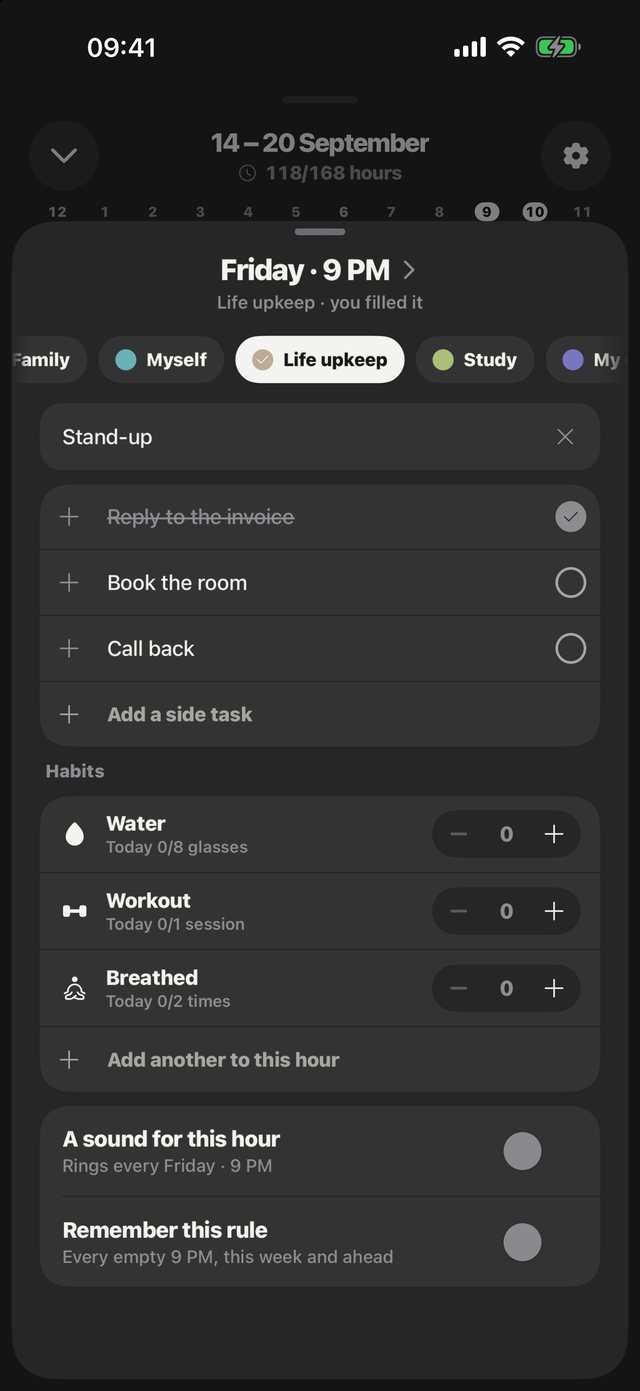 Notes, side tasks and habits inside one hour